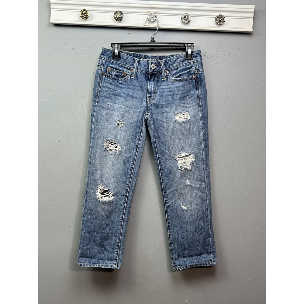American Eagle Jeans Womens‎ 00 Blue Boy Fit Distressed Ripped Cropped Low Rise